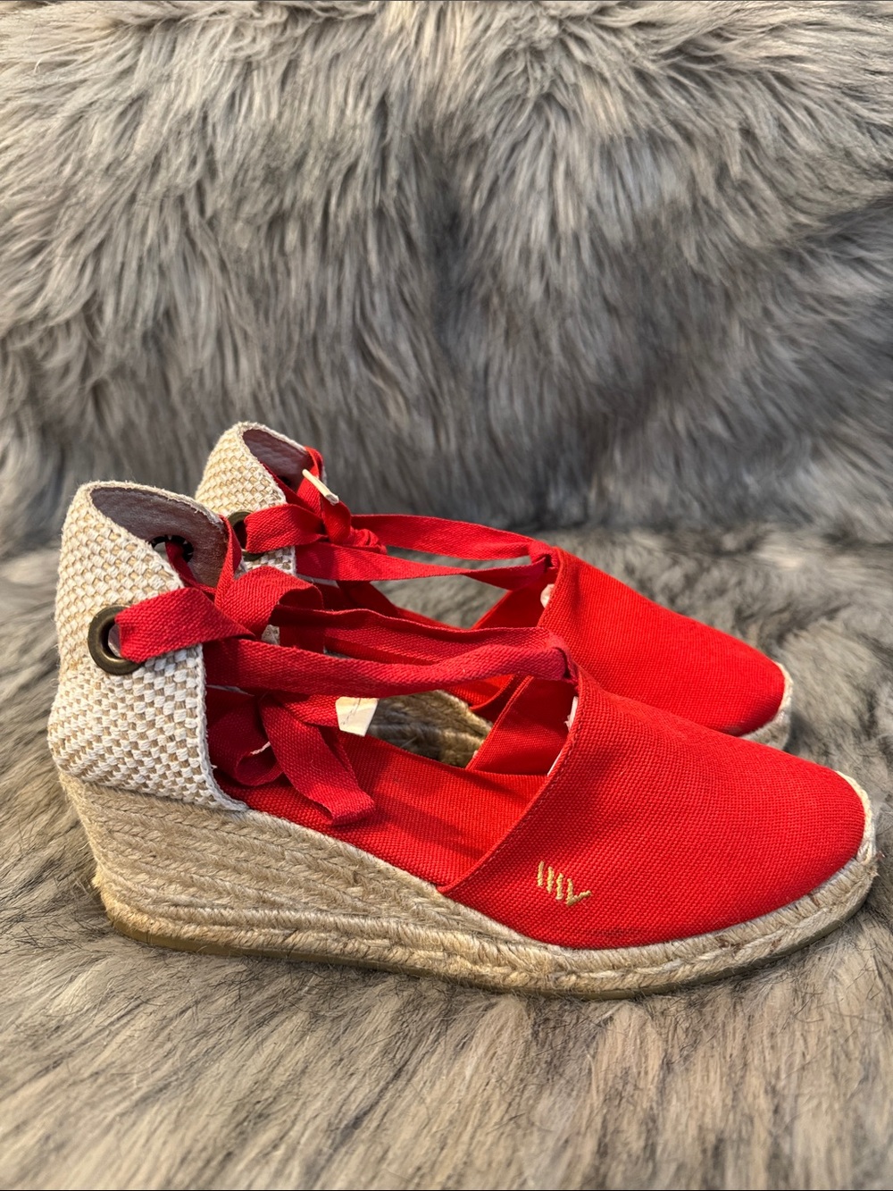 viscata Red Espadrille Wedge Sandals with Ankle Tie Size 40